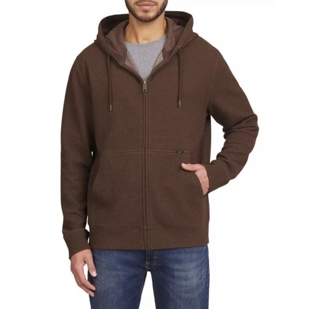Lee Mens Full Zip Textured Hoodie Small Regular Fit Brown Bark LM34HD666 NEW